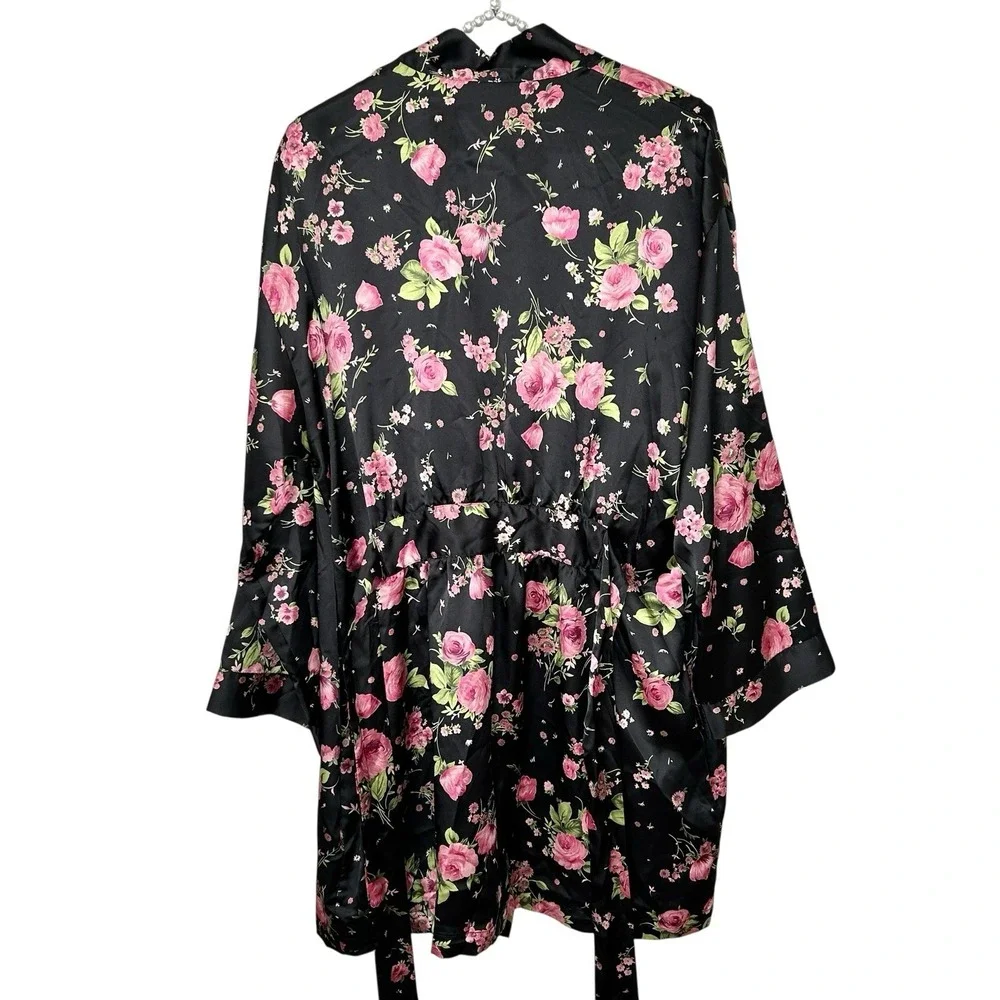 Victorias Secret Floral Silky Robe One Size O/S Y2k Coquette Romantic Mini Black - Picture 4 of 12
